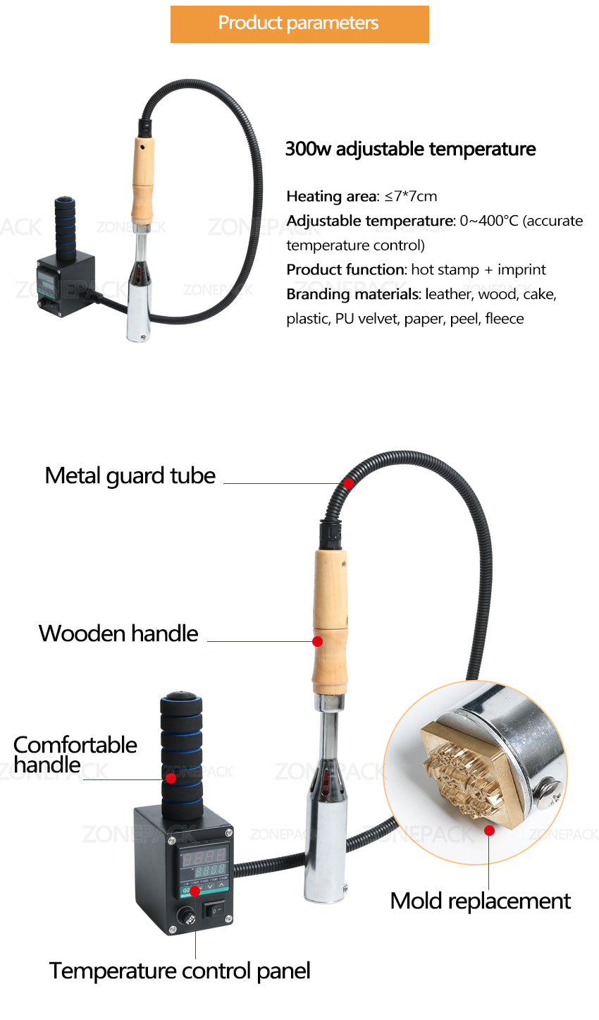 ZONEPACK Embossing Machine Handheld soldering Iron for Leather Wood Wedding Cake Embossing Custom Logo Hot Stamping Machine