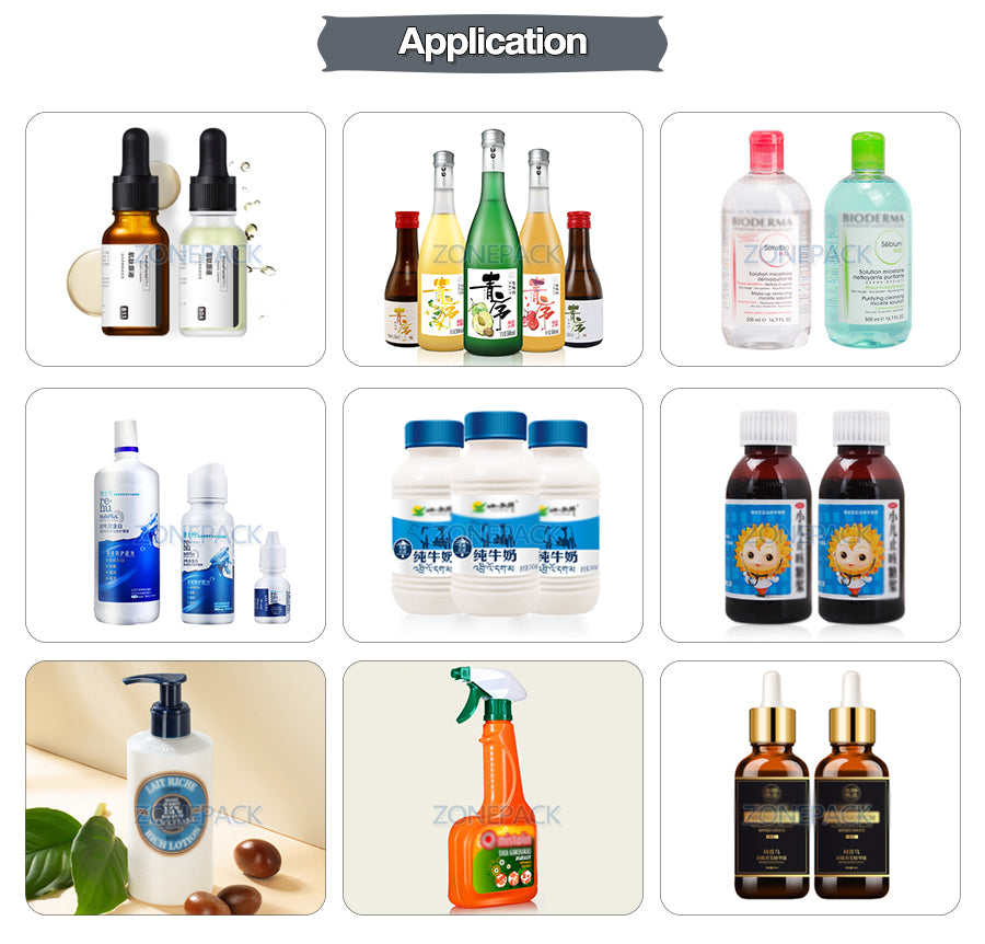 ZONEPACK Production Line for Juice Milk Small Automatic Bottle Alcohol Hydrogen Peroxide Liquid Turntable Capping Filling Machine