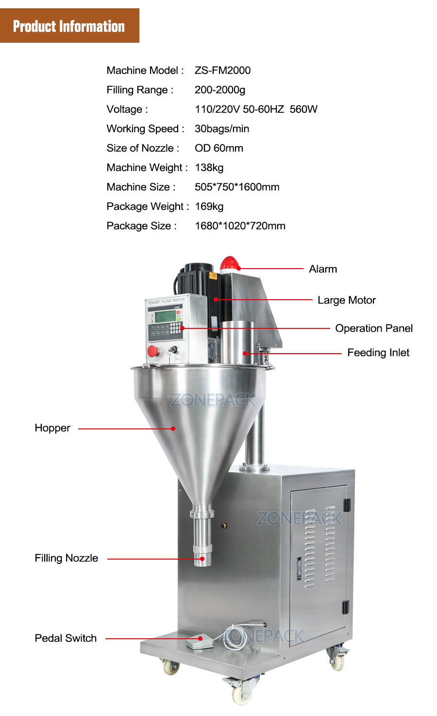 ZONEPACK ZS-FM2000 Auger Talcum Glass Vial Vertical Spice Plastic China Bottle Sachet Powder Filling Machinery Grain Automatic