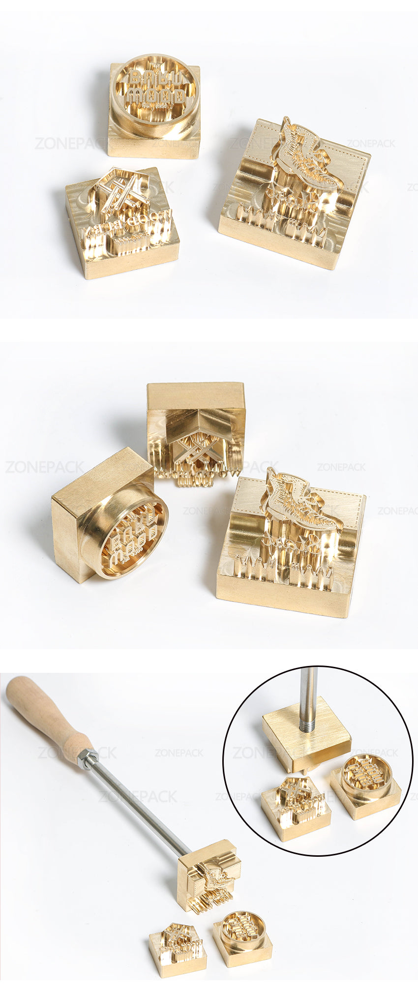 ZONEPACK Customized Logo Stamp Brass Mold Leather Wood PU Copper Stamping Mold Plate For Machine Hot Foil Stamp Wood Burning