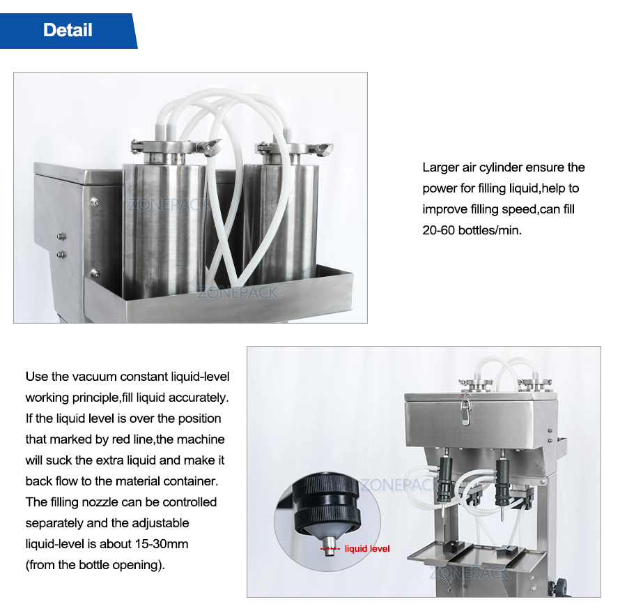 ZONEPACK 2 Heads Vacuum Liquid Perfume Filling Machine Pneumatic Filler