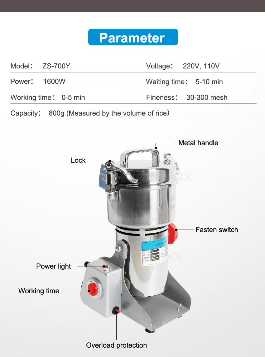 ZONEPACK 800g Stainless Steel Household Electric Flour Mill Powder Grinder Machine Herb Corn Spice Grinder Beverage Machinery