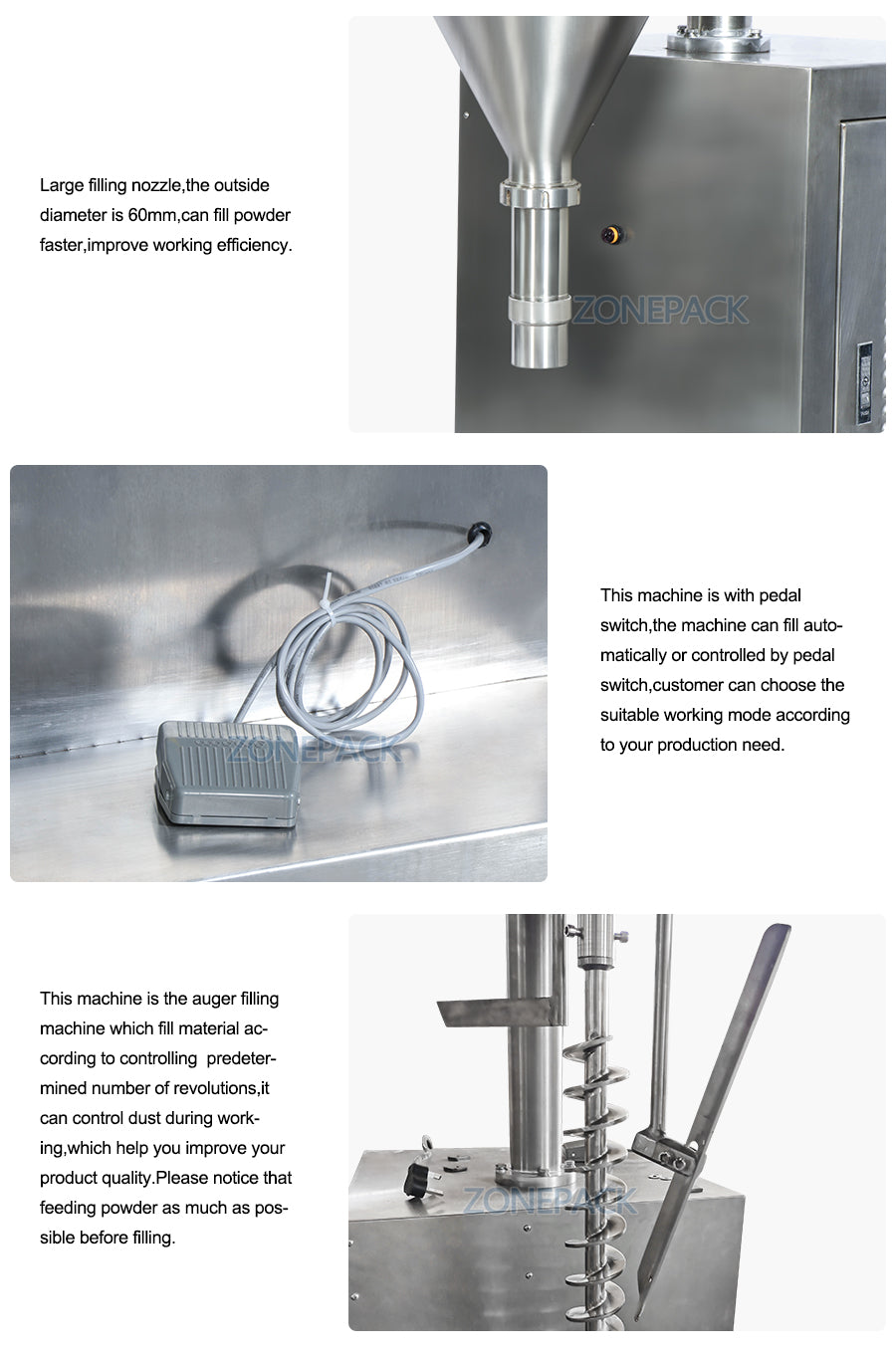 ZONEPACK ZS-FM2000 Auger Talcum Glass Vial Vertical Spice Plastic China Bottle Sachet Powder Filling Machinery Grain Automatic