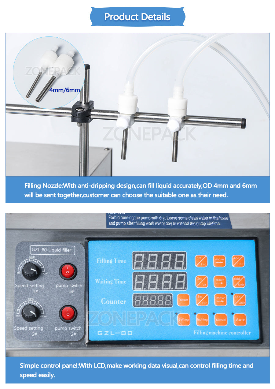 ZONEPACK Gear Pump Bottle Water Filler Semi Automatic Liquid Vial Filling Machine for Juice Beverage Drink Oil Perfume