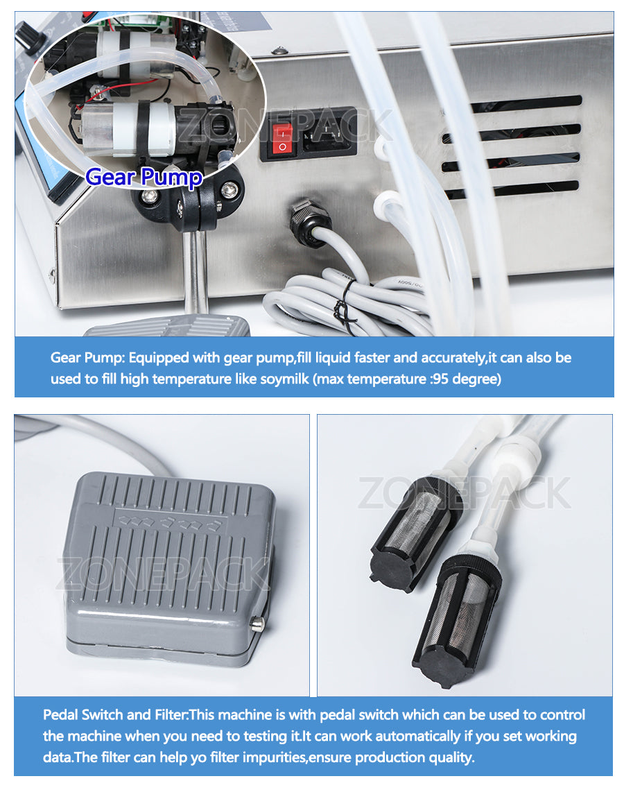 ZONEPACK Gear Pump Bottle Water Filler Semi Automatic Liquid Vial Filling Machine for Juice Beverage Drink Oil Perfume
