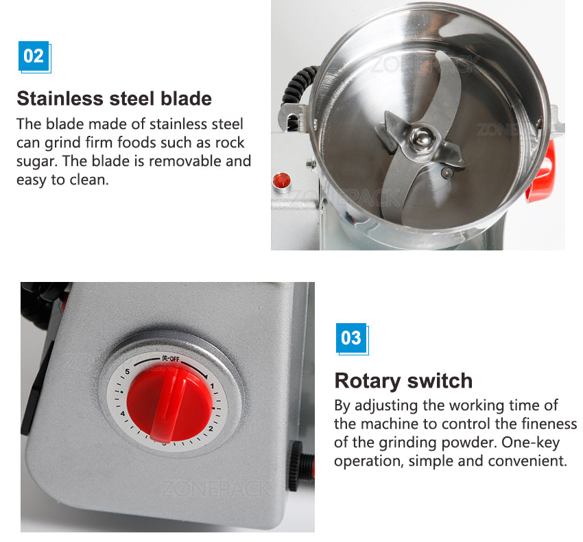 ZONEPACK 800g Stainless Steel Household Electric Flour Mill Powder Grinder Machine Herb Corn Spice Grinder Beverage Machinery