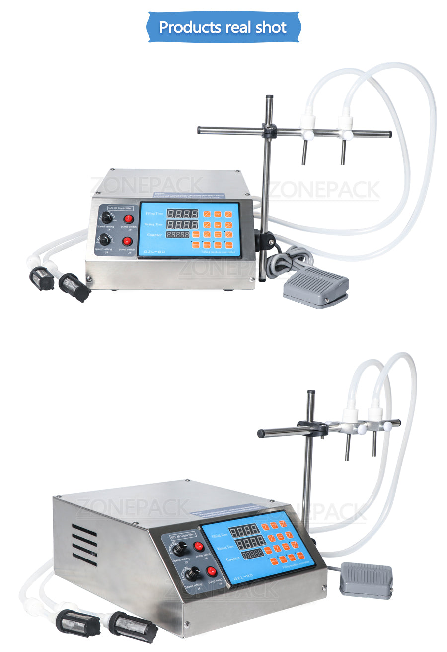 ZONEPACK Gear Pump Bottle Water Filler Semi Automatic Liquid Vial Filling Machine for Juice Beverage Drink Oil Perfume