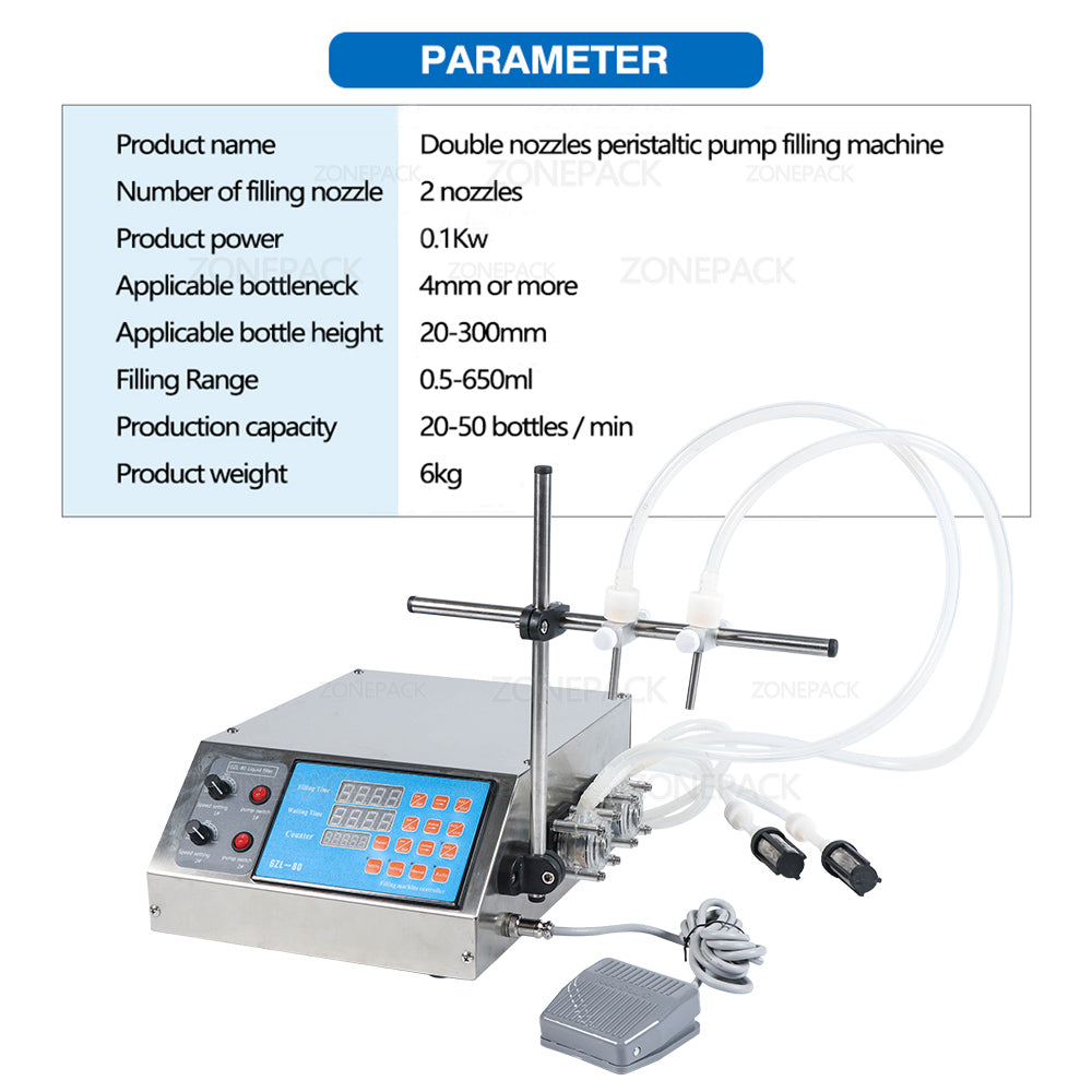 ZONEPACK 2 Head Semi Automatic Peristaltic Pump Liquid Filling Machine Perfume Juice Essential Oil Bottle Water Making Machines