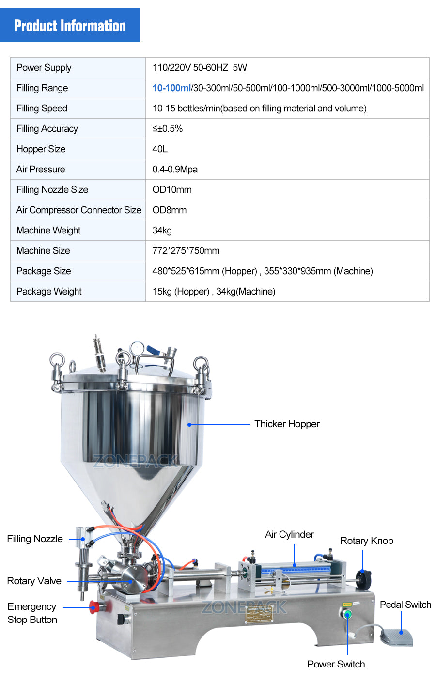 ZS-GTP1 Semi Auotmatic Pressurized Paste Filling Machine for Viscous Liquid Honey