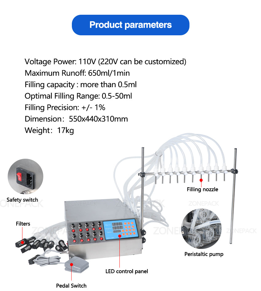 ZONEPACK 10 головок, флакон для духов, машина для розлива пероральных жидкостей, электрический насос с цифровым управлением, наполнитель, 50 мл, машина для наполнения бутылочек