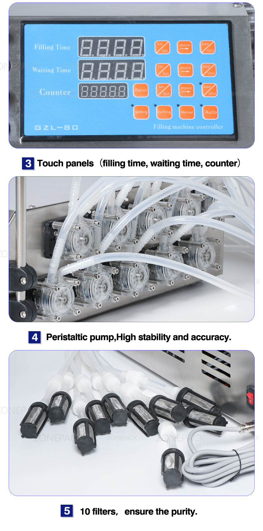 ZONEPACK 10 головок, флакон для духов, машина для розлива пероральных жидкостей, электрический насос с цифровым управлением, наполнитель, 50 мл, машина для наполнения бутылочек 