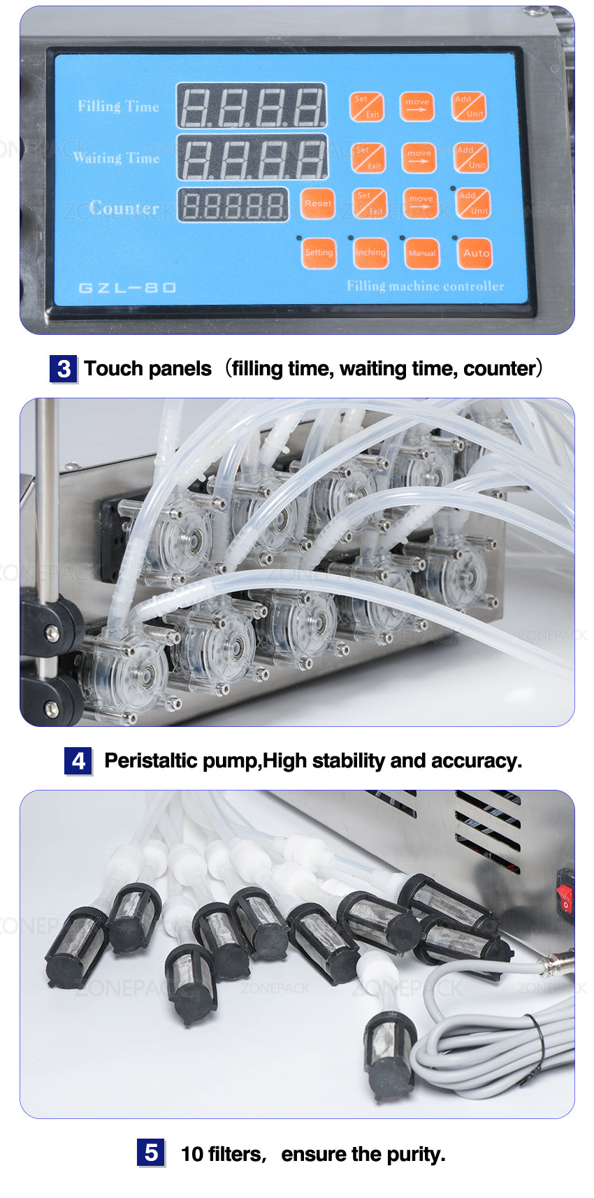 ZONEPACK 10 головок, флакон для духов, машина для розлива пероральных жидкостей, электрический насос с цифровым управлением, наполнитель, 50 мл, машина для наполнения бутылочек