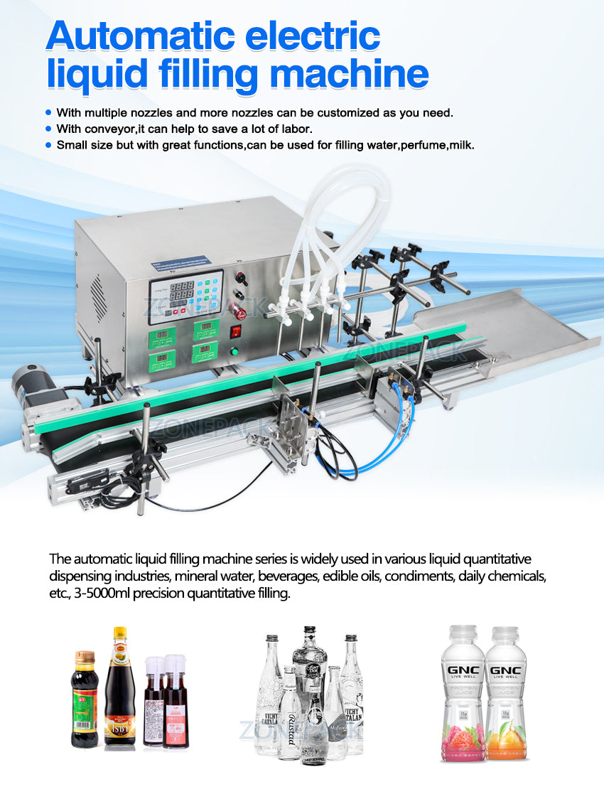 ZONEPACK Full Automatic Desktop CNC Liquid Filling Machine With Conveyor Bottle Filling Machine Perfume Juice Milk Water Filler