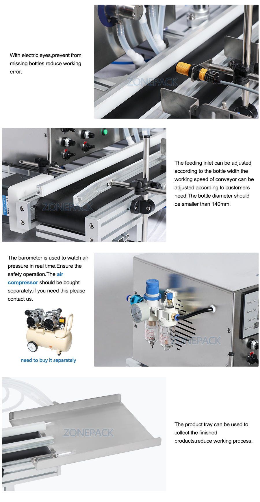ZONEPACK ZS-DTMP4D 4 сопла Магнитный насос Автоматический настольный наполнитель для жидкой воды с конвейером Машина для наполнения спиртом, этанолом, парфюмерией