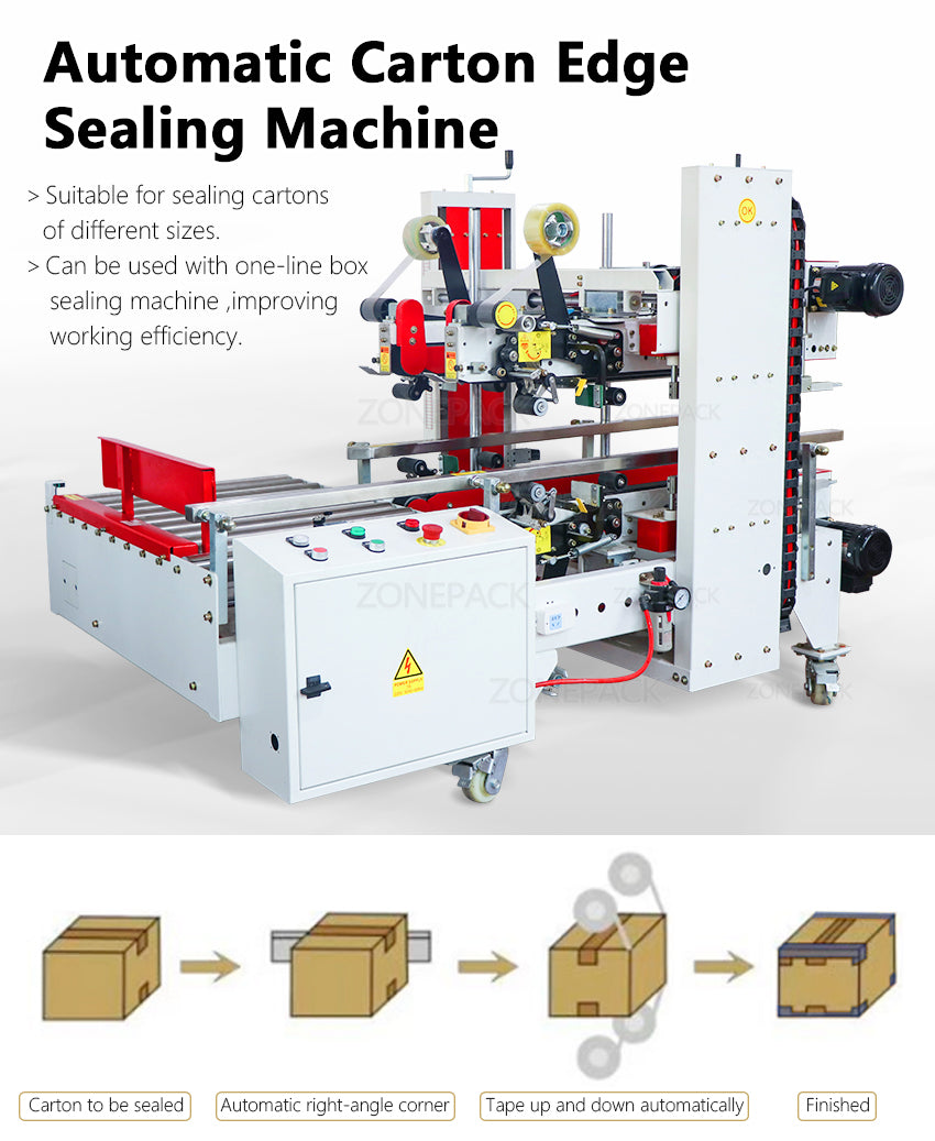 ZONEPACK Automatic Carton Corner Sealer Tape Sticker Four Sides Carton Edge Sealing Machine Strapping Machine