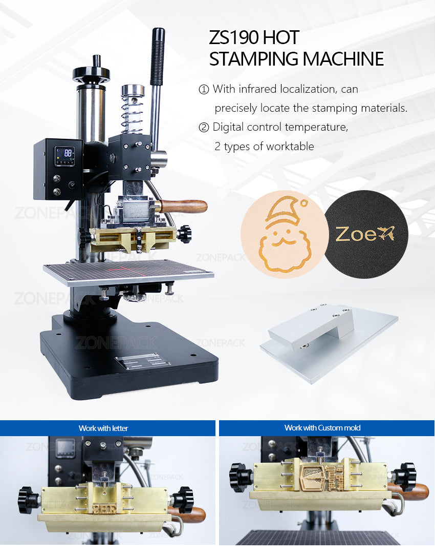 ZONEPACK ZS-190 Heat Press Machine With Infrared Localization 2 type workbench Embossing Bronzing tools Hot Foil Stamping Machine