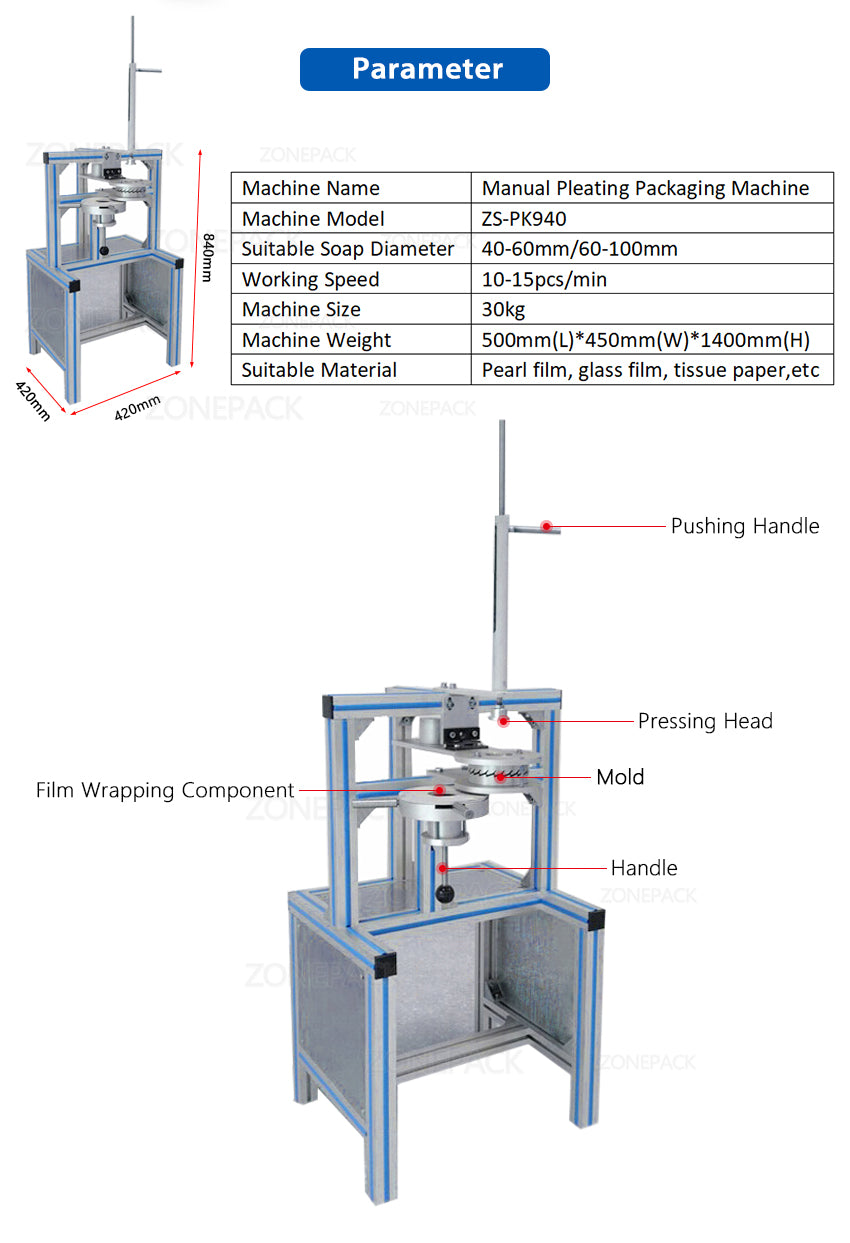 ZONEPACK Manual Round Sphere Hotel Soap Pleated Wrapping Machine ZS-PK940 Toilet Block Pleating Packaging Machine