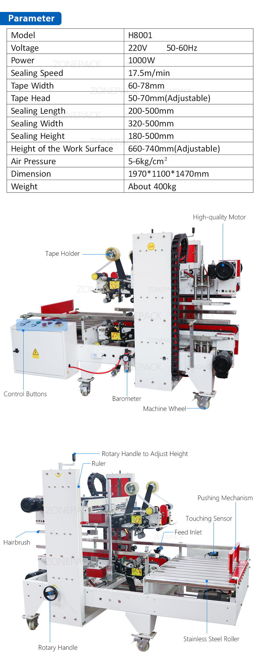 ZONEPACK Automatic Carton Corner Sealer Tape Sticker Four Sides Carton Edge Sealing Machine Strapping Machine