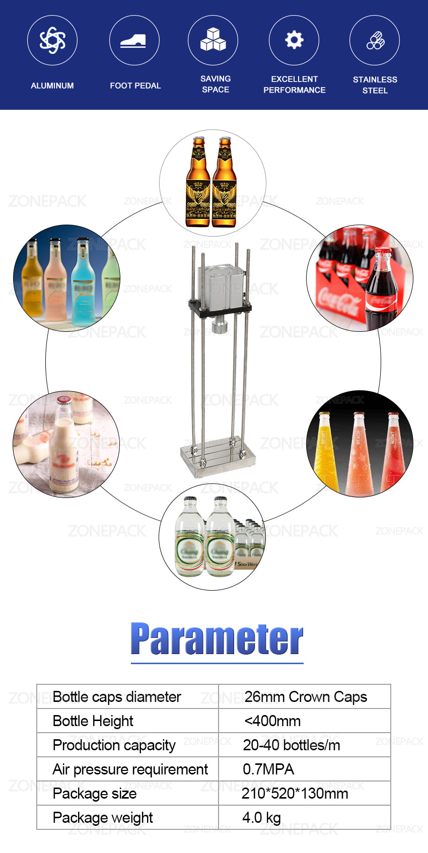 ZONEPACK Pneumatic Beer Capping Machine Semi-automatic Cap Sealing Machine Manual Bottle Capper Commercial Bar Brewery