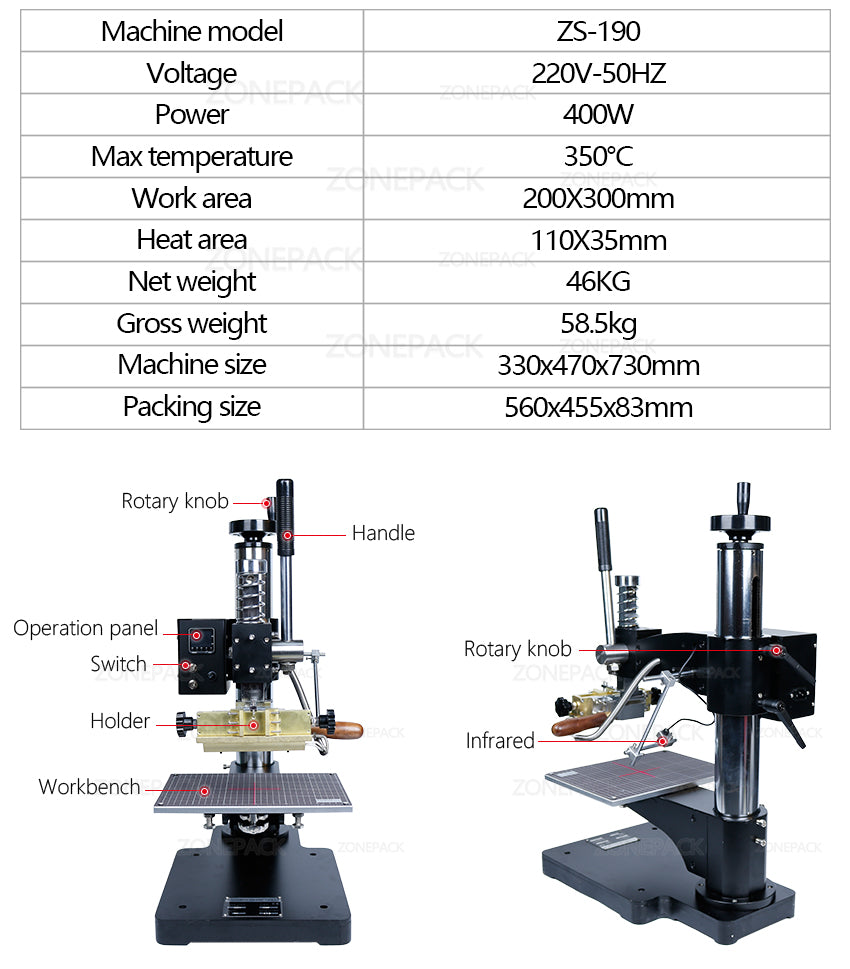 ZONEPACK ZS-190 Heat Press Machine With Infrared Localization 2 type workbench Embossing Bronzing tools Hot Foil Stamping Machine