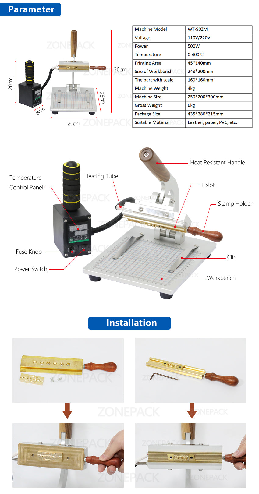 ZONEPACK WT-90ZM Tabletop Logo Pattern Letter Bronzing Machine Heat Press Machine Manual Leather Plastic Stamping Machine