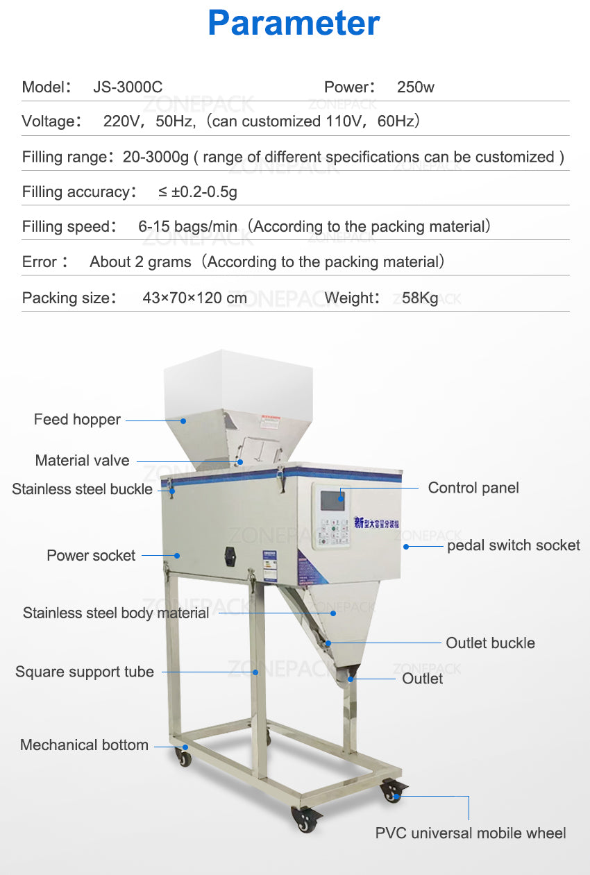 ZONEPACK 3000g Машина для стеллажей для пищевых продуктов Гранулированные порошковые материалы Весовая упаковочная машина Машина для наполнения семян Кофейных зерен
