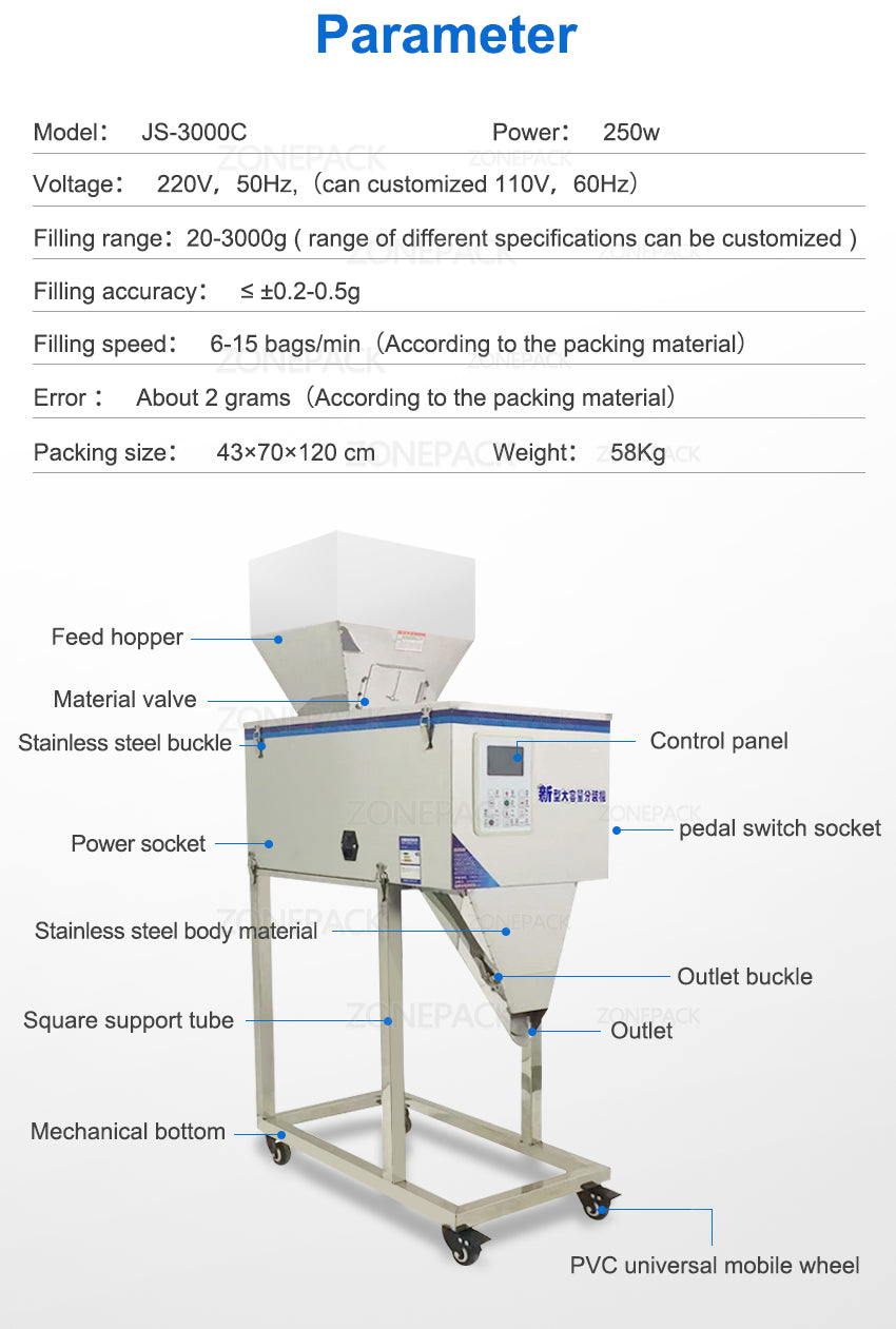 ZONEPACK 3000g Food Racking Machine Granular Powder Materials Weighing Packing Machine Filling Machine For Seeds Coffee Bean