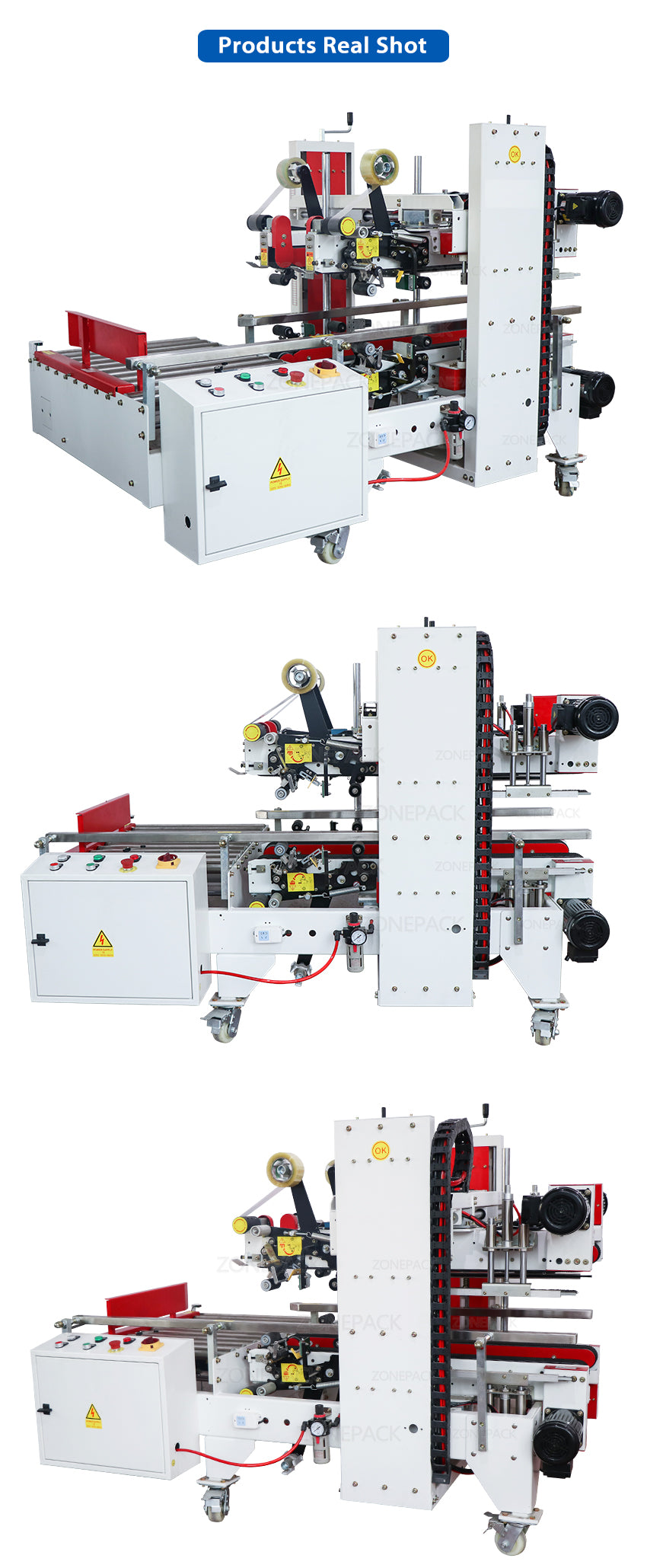 ZONEPACK Automatic Carton Corner Sealer Tape Sticker Four Sides Carton Edge Sealing Machine Strapping Machine