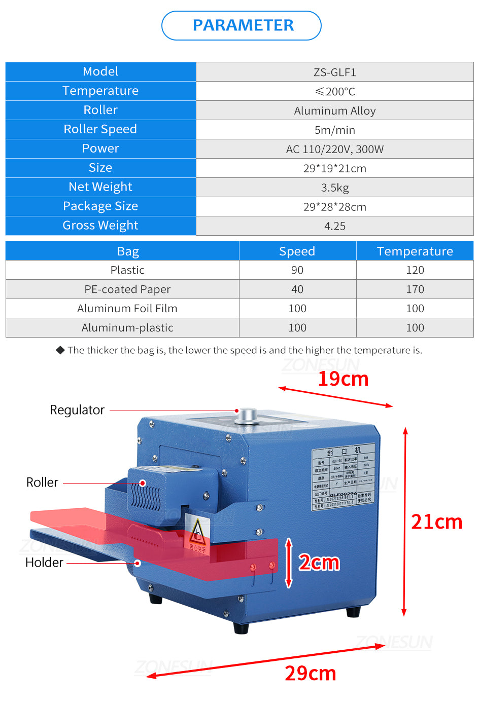 ZONEPACK ZS-GLF1 Портативный запайщик пакетов Алюминиевая фольга Композитная пластиковая пленка Полиэтиленовая бумага Запечатывающая машина Малый размер Пищевая упаковка