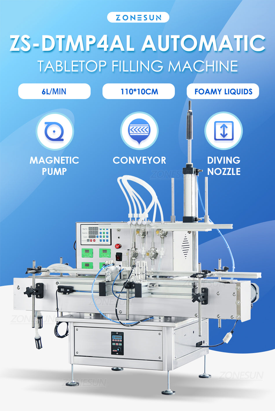 ZONEPACK ZS-DTMP4AL 4 насадки для дайвинга Флакон с магнитным насосом Настольная парфюмерная жидкая банка Автоматическая машина для наполнения бутылок с цепным конвейером