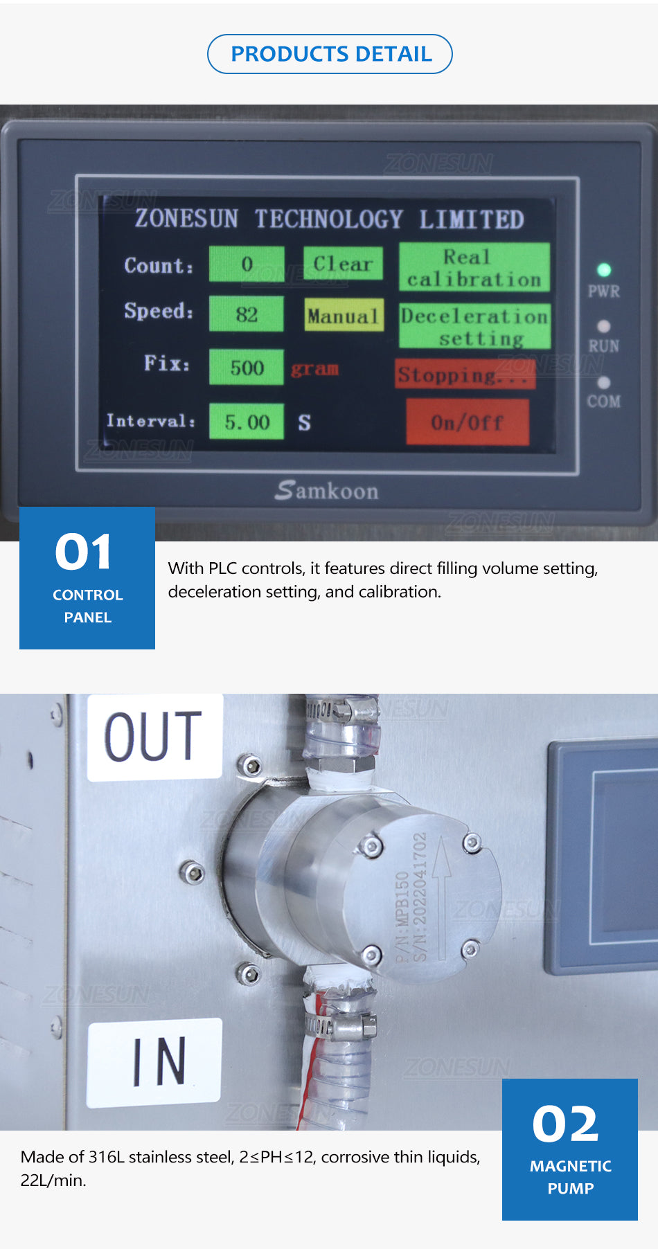 ZONEPACK Liquid Filling Machine Magnetic Pump Corrosive Fluids High Flow Rate Bottle Detergent Beverage Shampoo Filler ZS-G25A