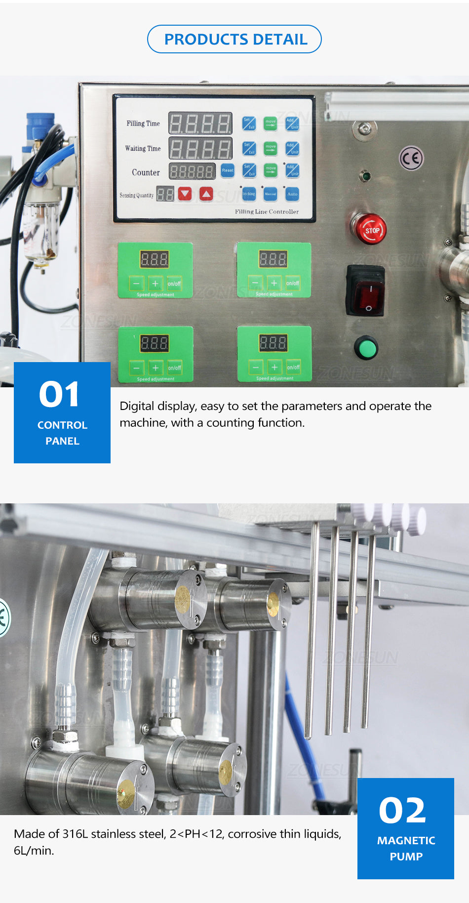 ZONEPACK ZS-DTMP4AL 4 насадки для дайвинга Флакон с магнитным насосом Настольная парфюмерная жидкая банка Автоматическая машина для наполнения бутылок с цепным конвейером