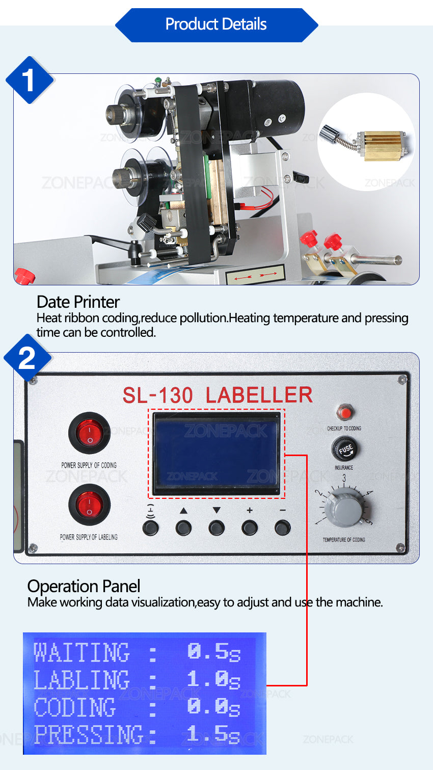 ZONEPACK Double Labeling Machine Double sides Labeller FH-130M (220V/50HZ)