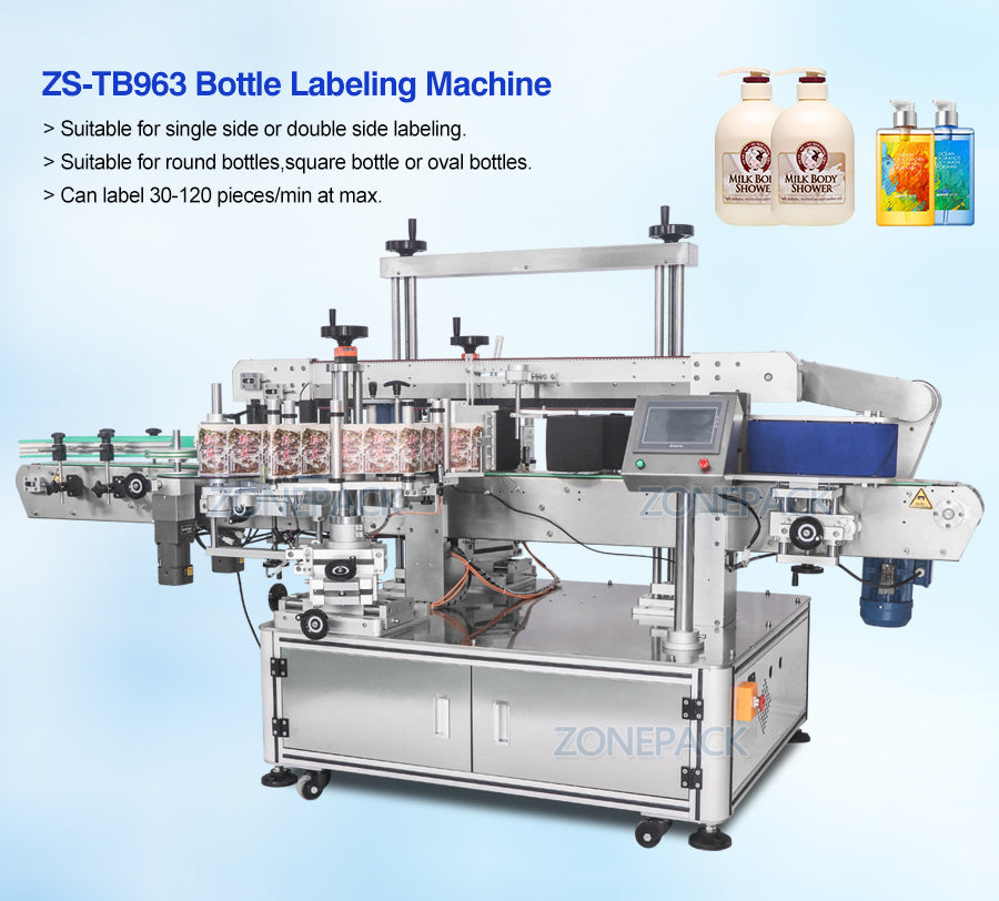 ZONEPACK ZS-TB963 High Speed Flat Automatic Round Bottle Labeling Sticker Dispenser Coding Machines For Label Round Bottles