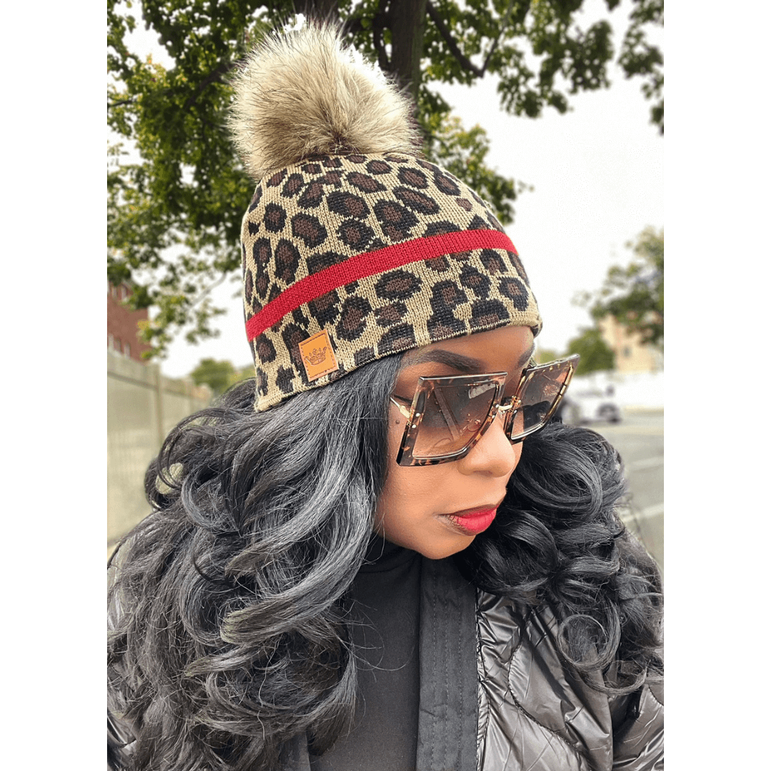 Printed Pom Pom Hat w/ Red Stripe- 2 PRINTS