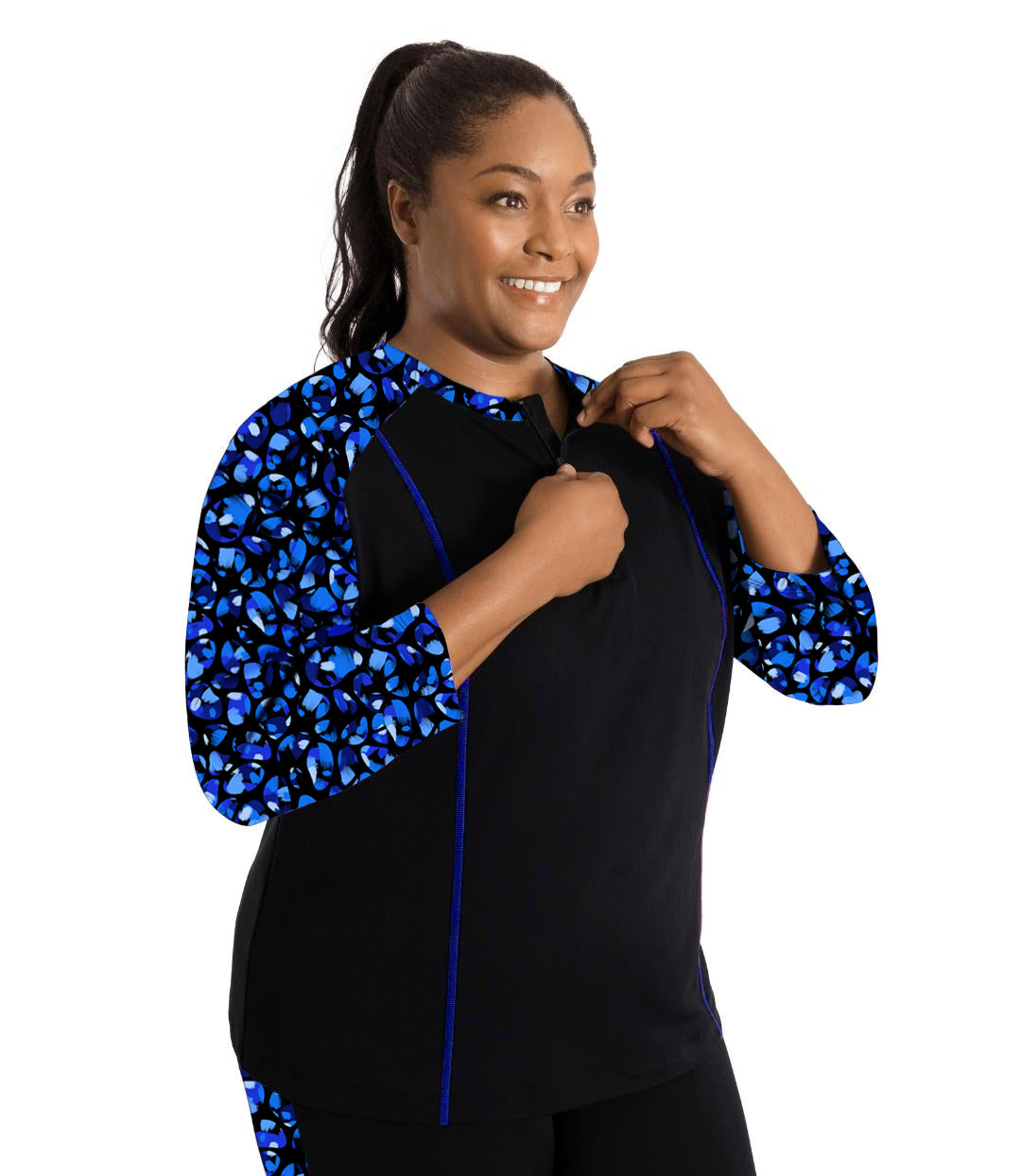 AquaSport Long Sleeve Rash Guard Ocean Blues Print Black