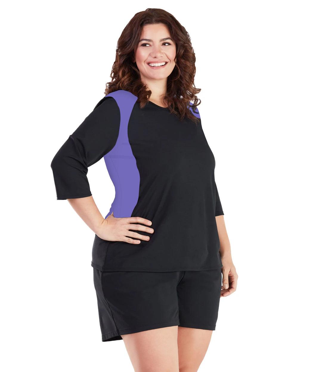 AquaSport Three Quarter Sleeve Rash Guard - Purple and Black - FINAL SALE