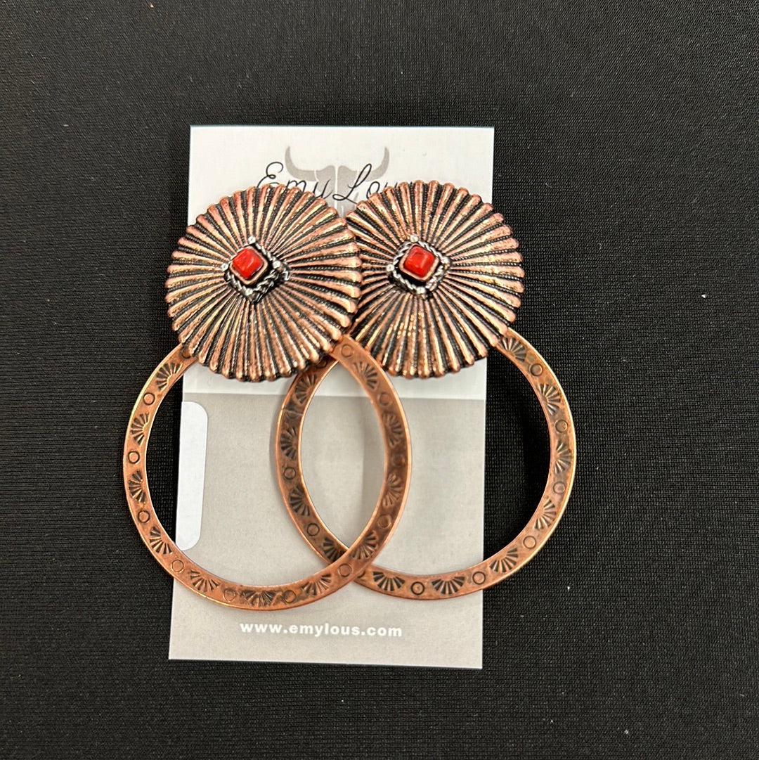 Abilene Orange Stone Concho and Hoop Coppertone Earrings