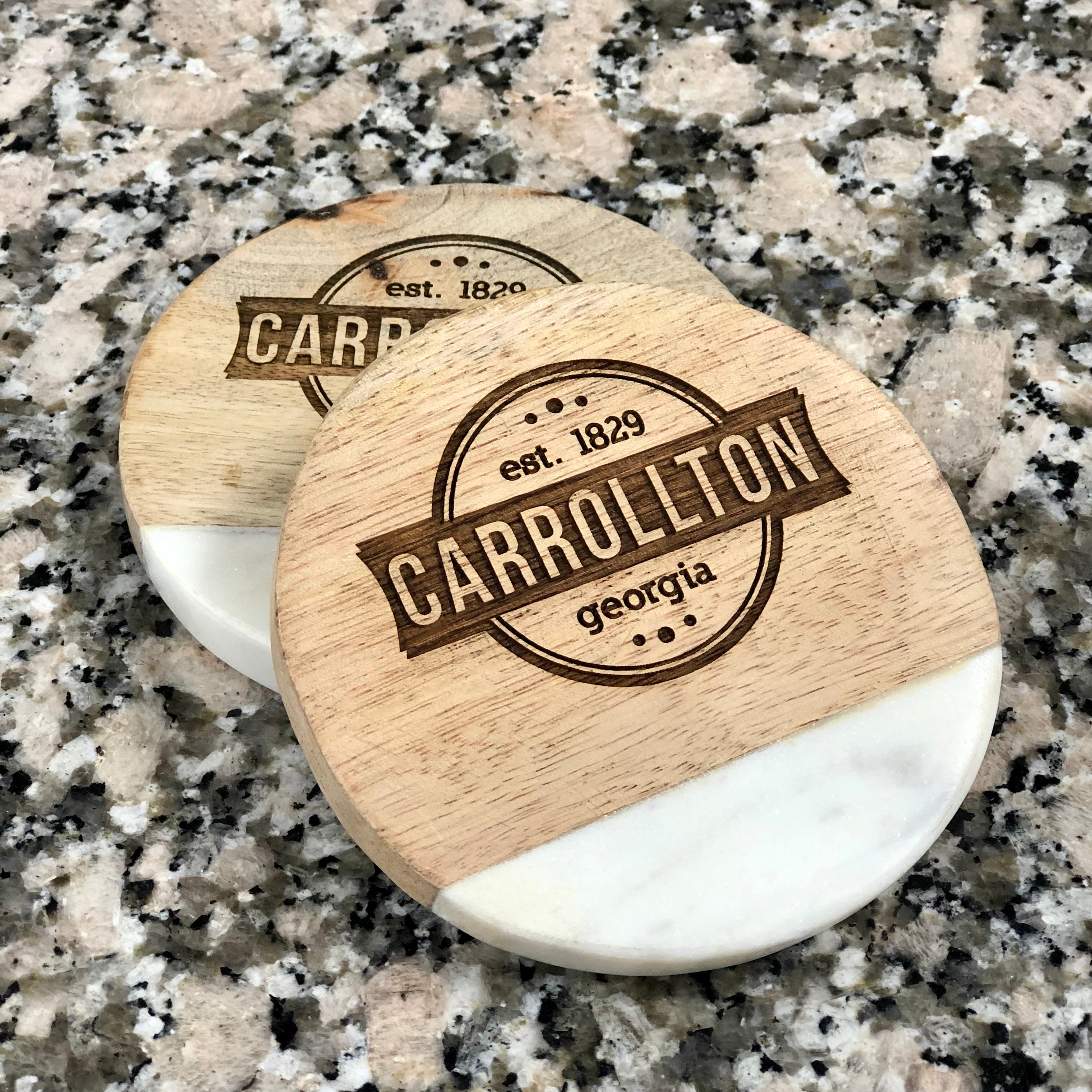 Personalized Marble & Light Wood Coaster Set