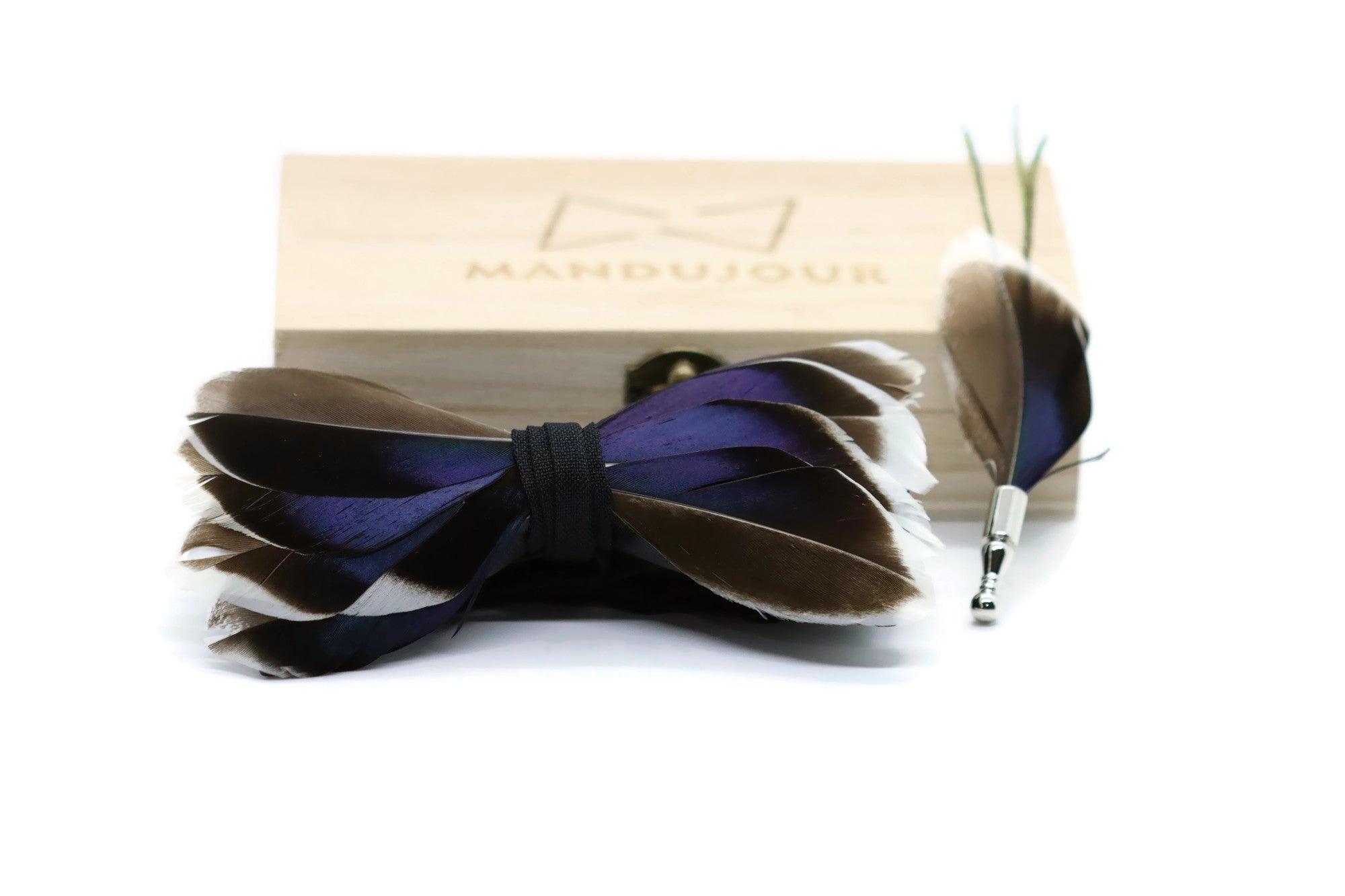 All Duck Feather Bow Tie  with Feather Lapel Pin Set