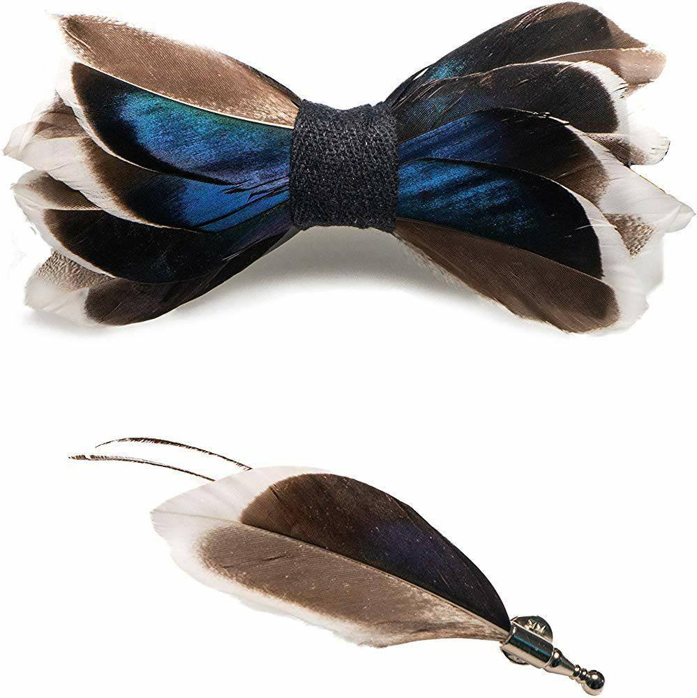 All Duck Feather Bow Tie  with Feather Lapel Pin Set