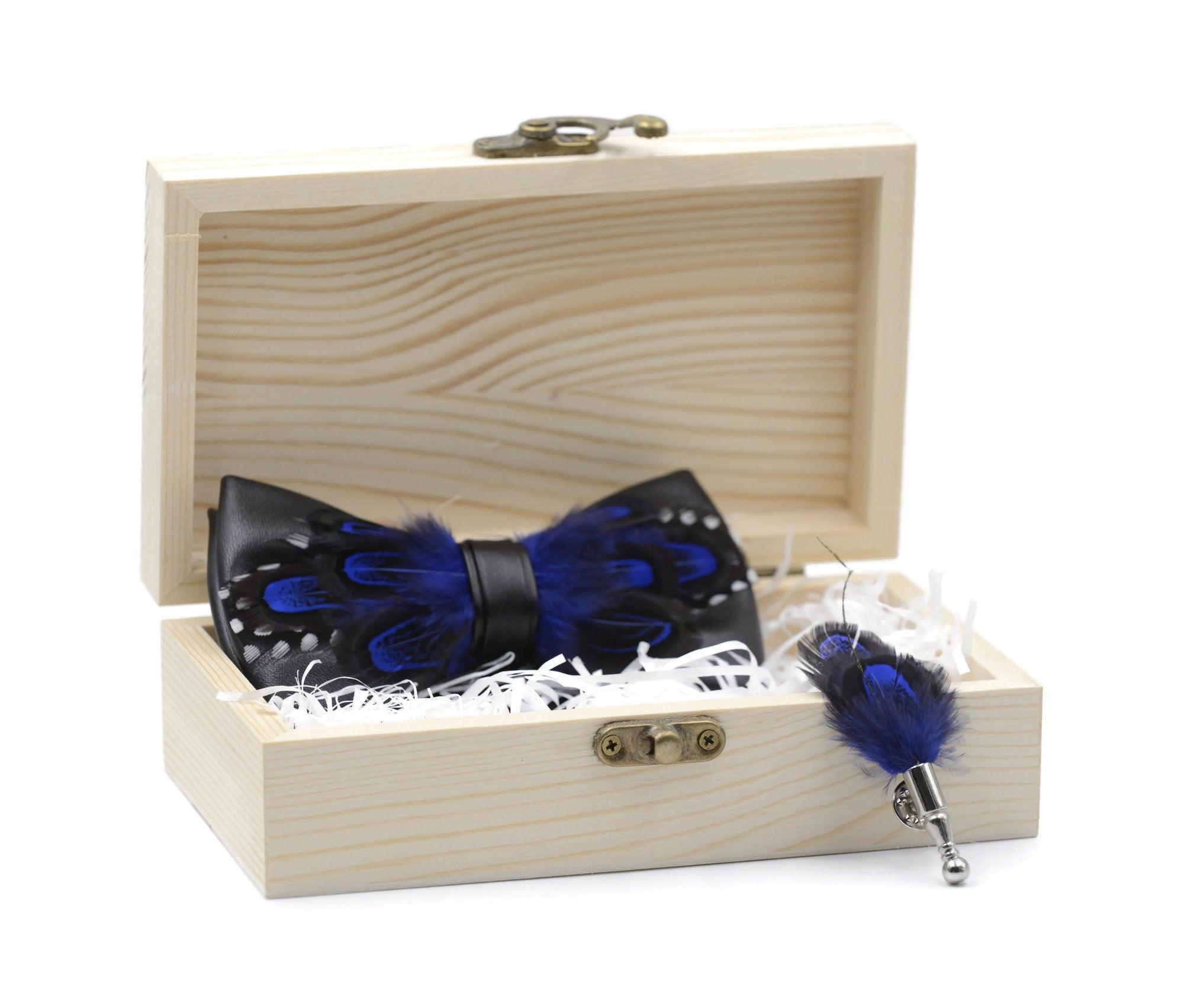 Black and Blue leather Feather Bow Tie & Lapel pin set - Mandujour Handmade