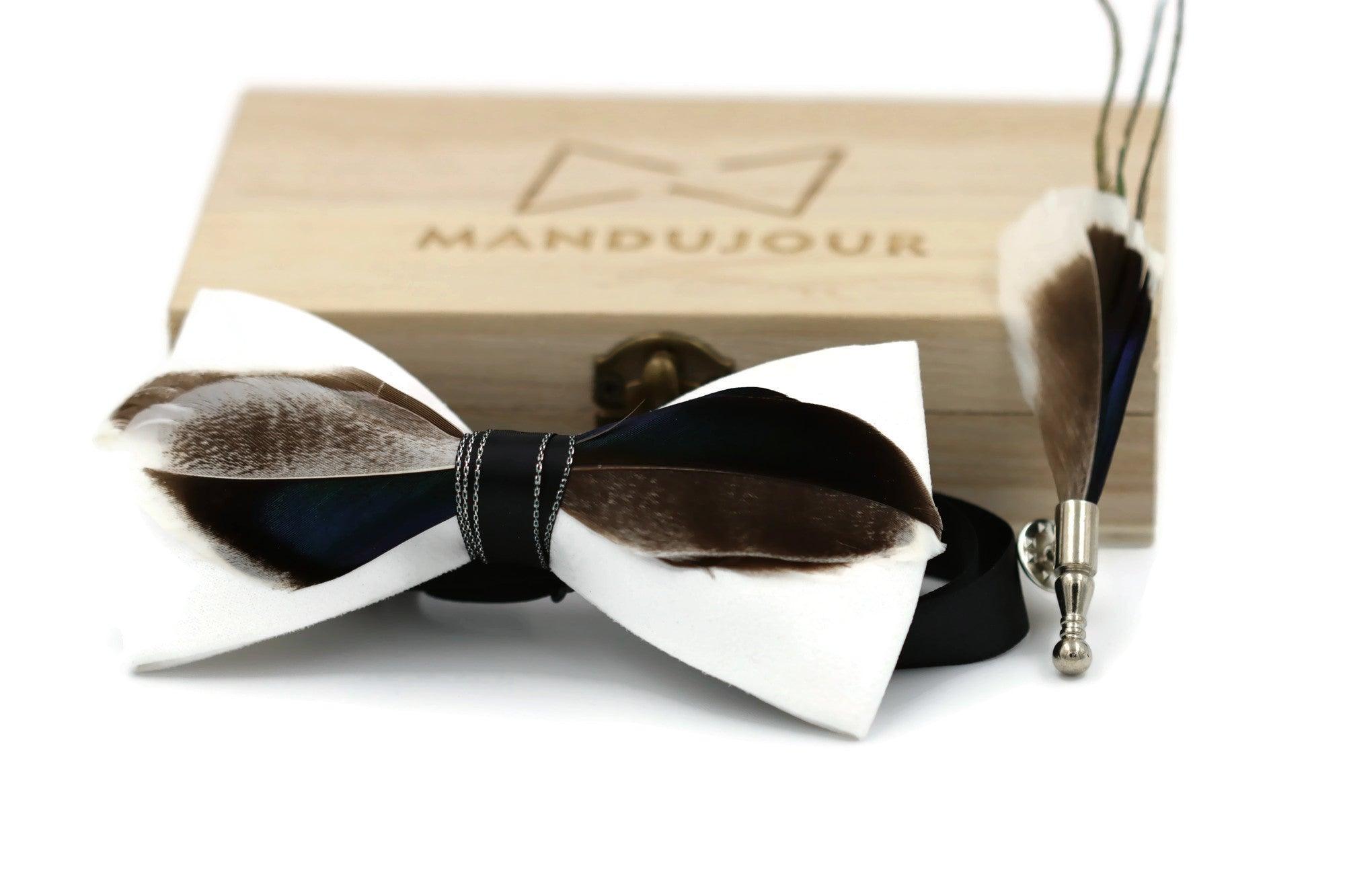 Mallard Duck Feather Bow Tie  with Feather Lapel Pin Set