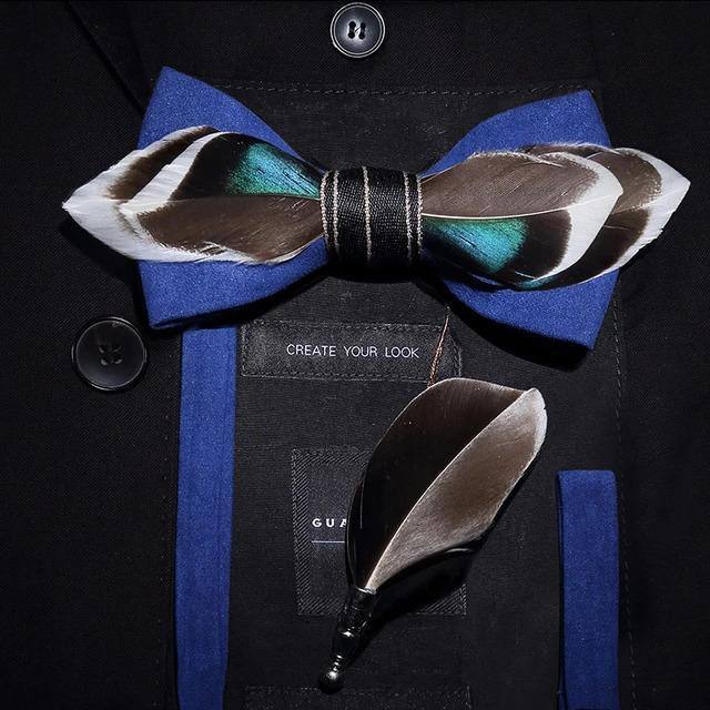 Mallard Duck Feather Bow Tie  with Feather Lapel Pin Set