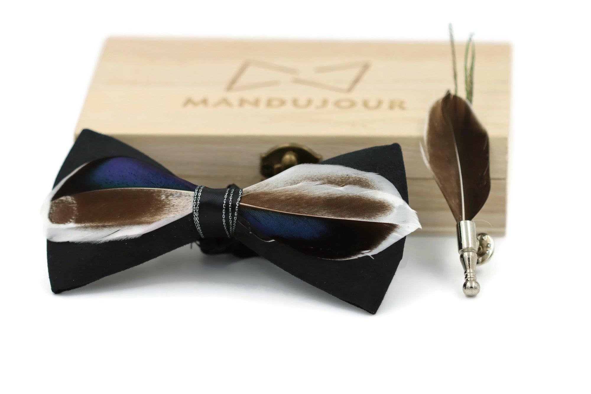 Mallard Duck Feather Bow Tie  with Feather Lapel Pin Set