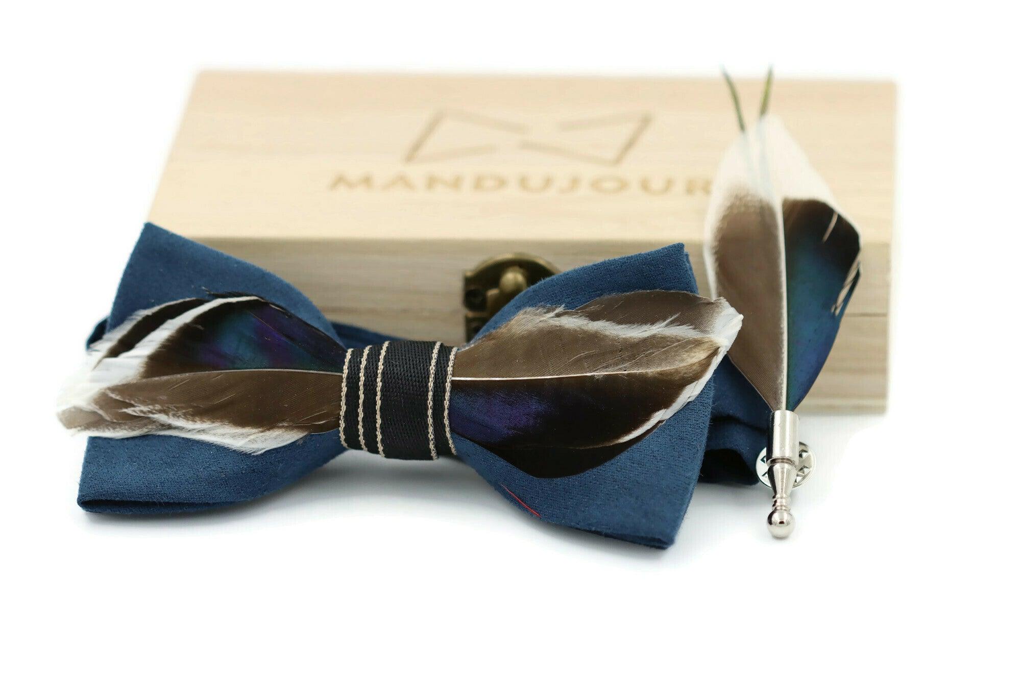 Mallard Duck Feather Bow Tie  with Feather Lapel Pin Set