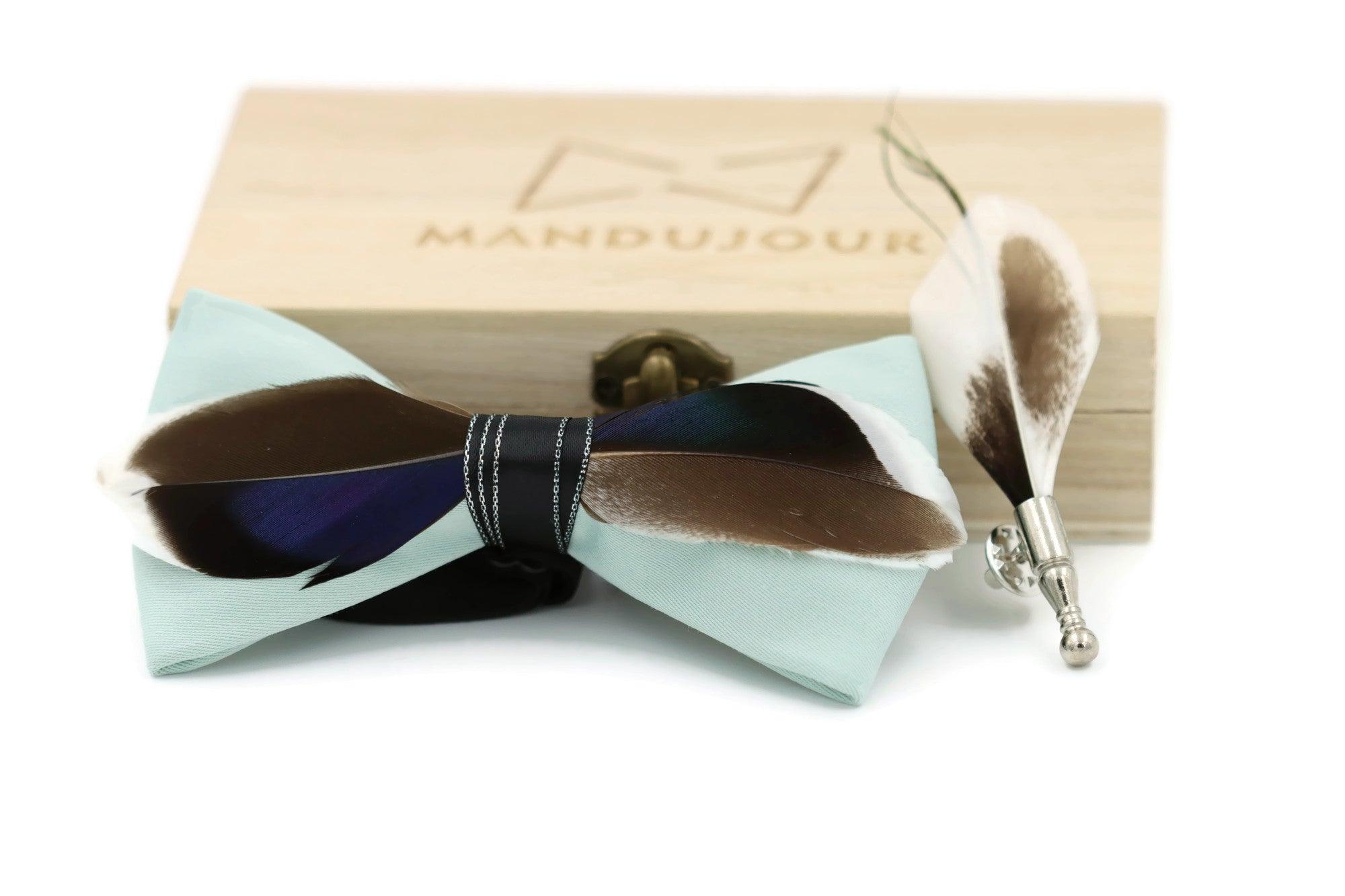 Mallard Duck Feather Bow Tie  with Feather Lapel Pin Set