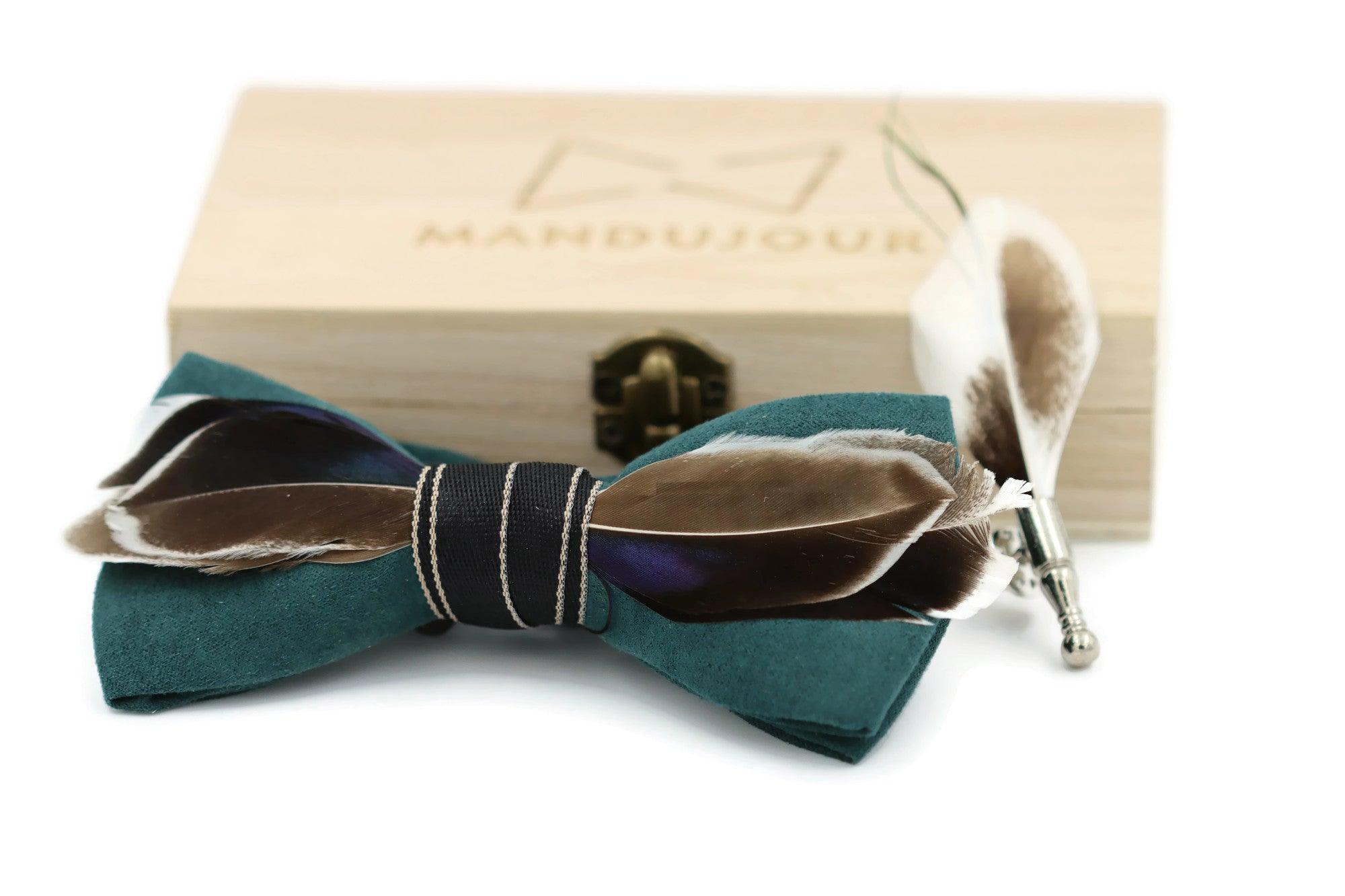 Mallard Duck Feather Bow Tie  with Feather Lapel Pin Set