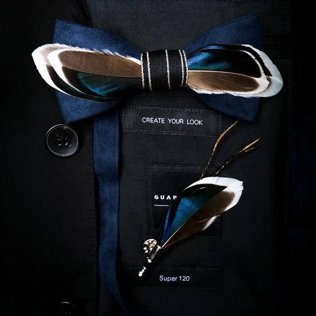 Mallard Duck Feather Bow Tie  with Feather Lapel Pin Set