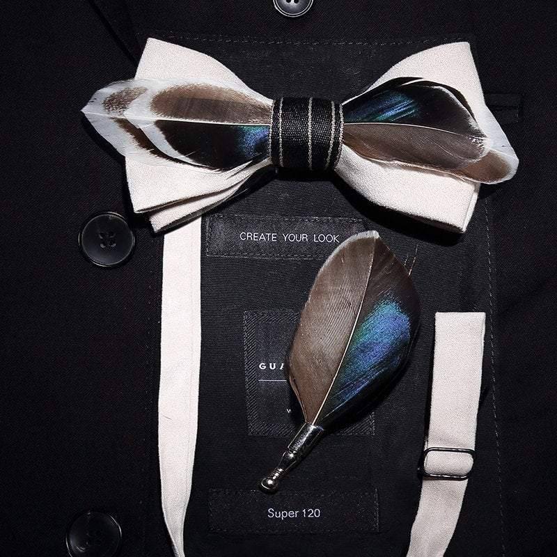 Mallard Duck Feather Bow Tie  with Feather Lapel Pin Set